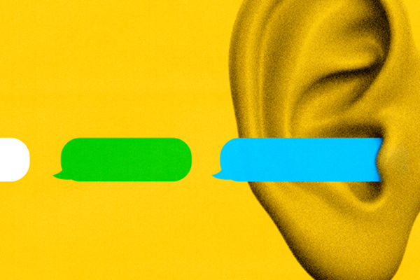 Text bubbles entering an ear.