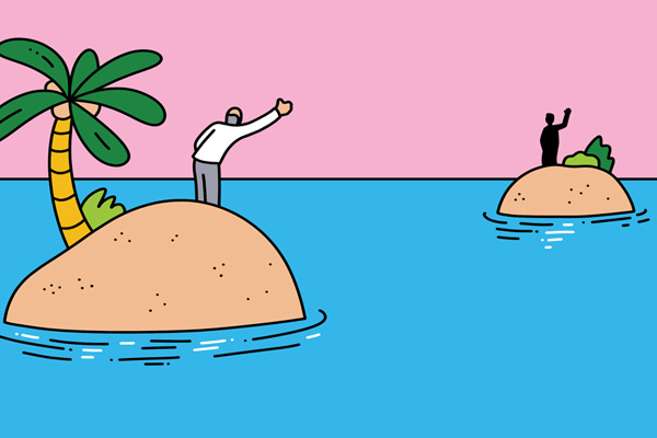 People waving to each other from separate islands.