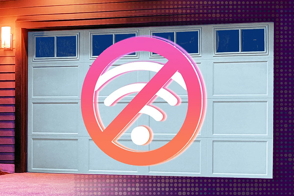 Garage door and a symbol for no Wi-Fi.