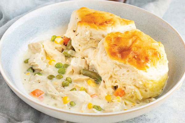 Turkey pot pie with biscuit crust.