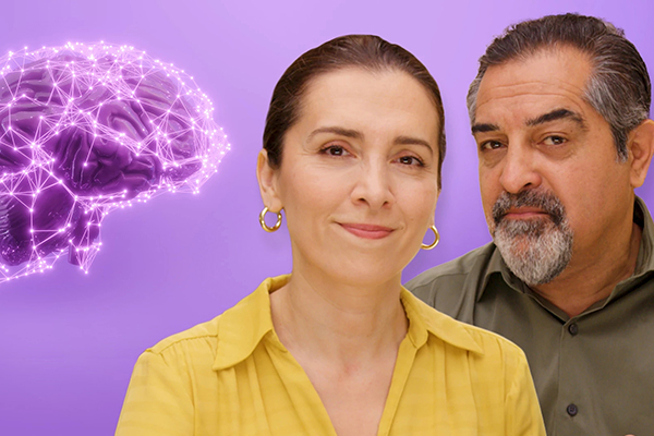 Couple next to an illustration of a brain.