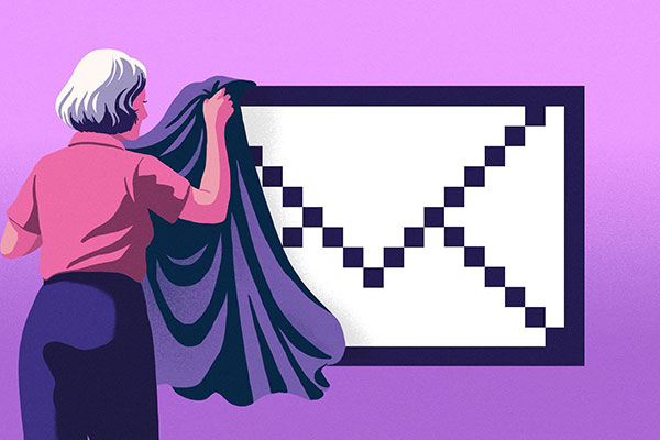 illustrated woman uncovering email envelope