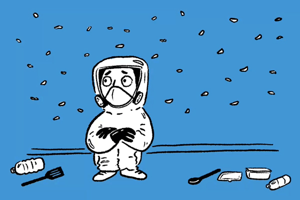 Nervous person in hazmat suit.