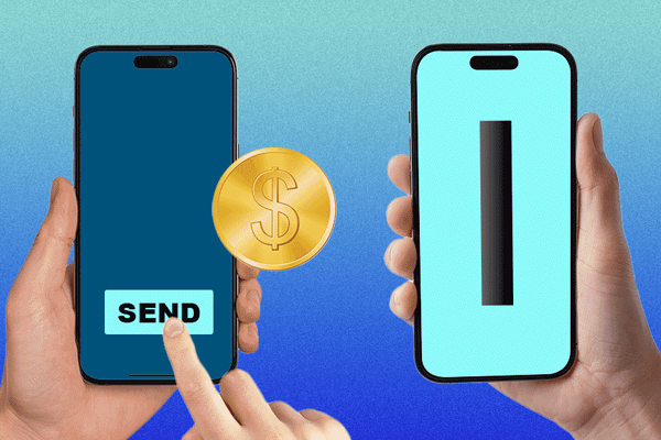 Smartphones transferring money.