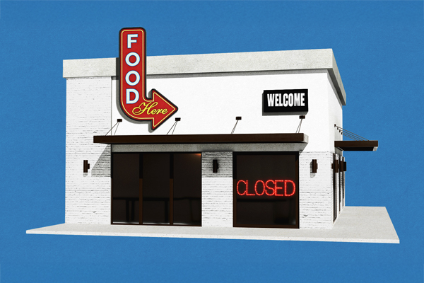 Restaurant showing a closed sign in a window.