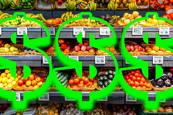 Large dollar signs and produce.