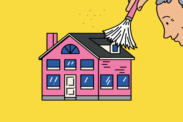 Illustration of a person brushing the roof of a home.