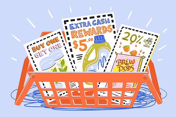 Shopping basket full of coupons.