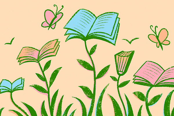 Flowers blooming books instead of petals.