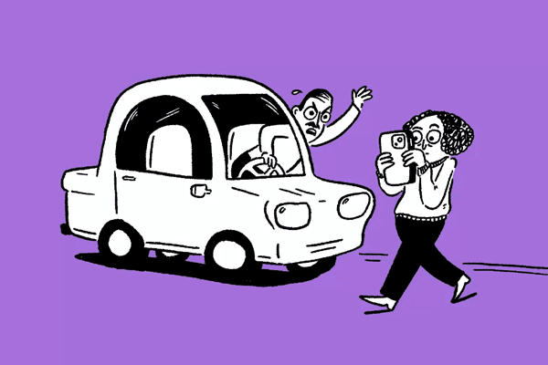 Illustration of a person yelling at a jaywalker.