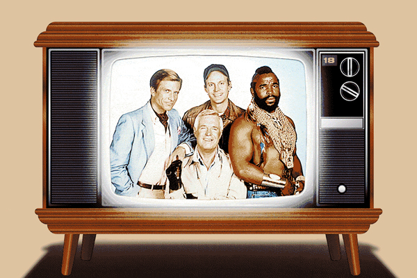 Cast of The A-Team displayed on a vintage television set.