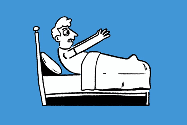 Illustration of a person struggling to get up from their bed.