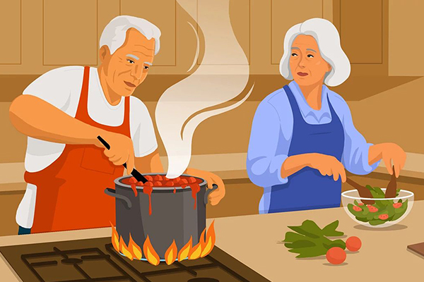 Illustration of a couple preparing a meal.