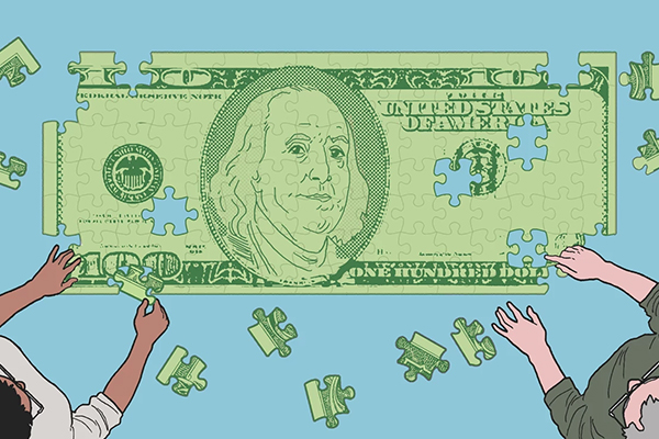 Illustration of people solving a money-themed jigsaw puzzle.