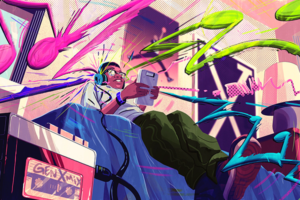 Person listening to music as musical notes fly around the room.