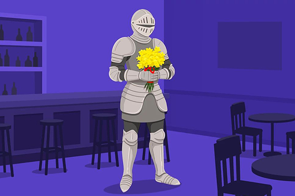 A knight in shining armor holding a bouquet.