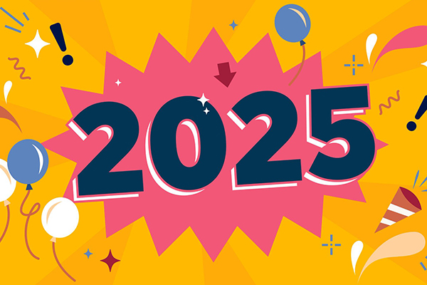 A celebratory illustration of the year 2025 with balloons.
