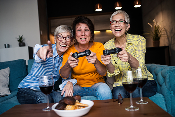 People playing video games.