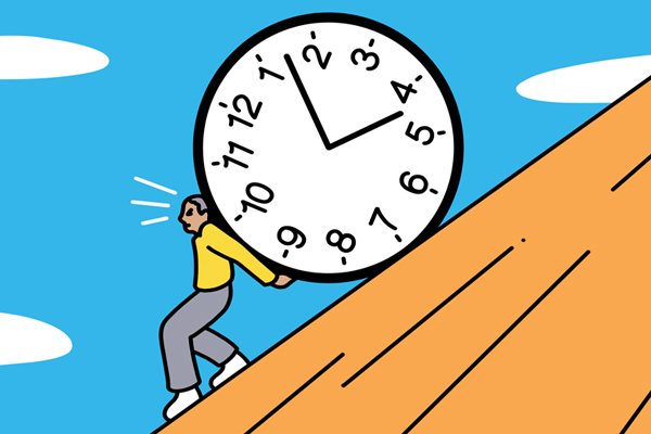 Person pushing a clock uphill.