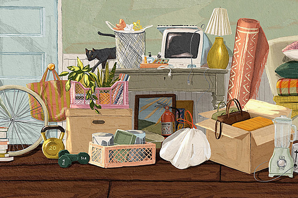 Illustration of a variety of items stacked in a home.