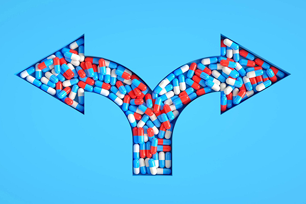 Arrows pointing left and right and filled with medications.