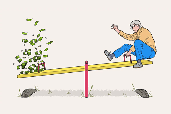 Person and cash on a seesaw.