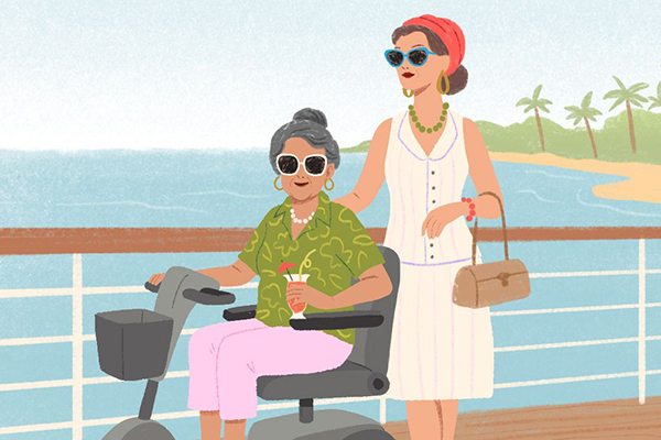 People standing near a coastline.