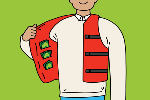 Illustration of a person opening their vest that’s full of money.
