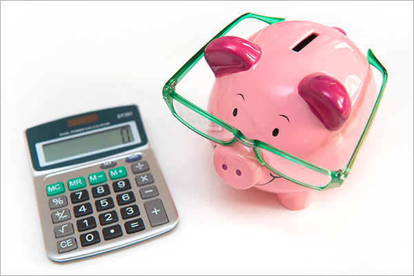 Piggy bank and calculator.