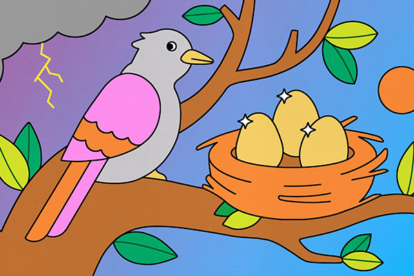 Illustration of a bird with its nest eggs.