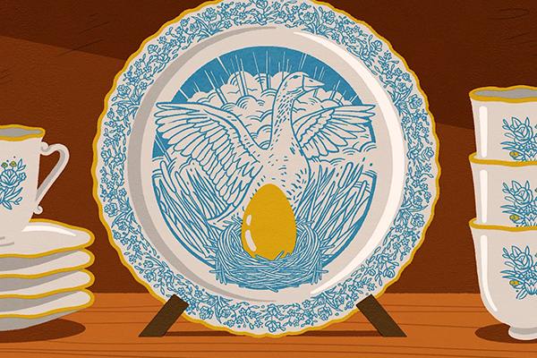Illustration of a decorative plate showing a goose with a golden egg.