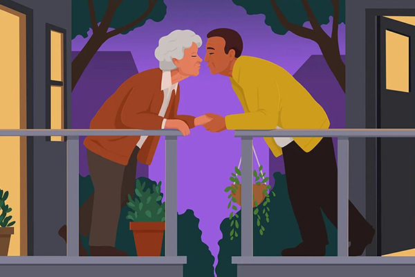 Illustration of a couple kissing across balconies.