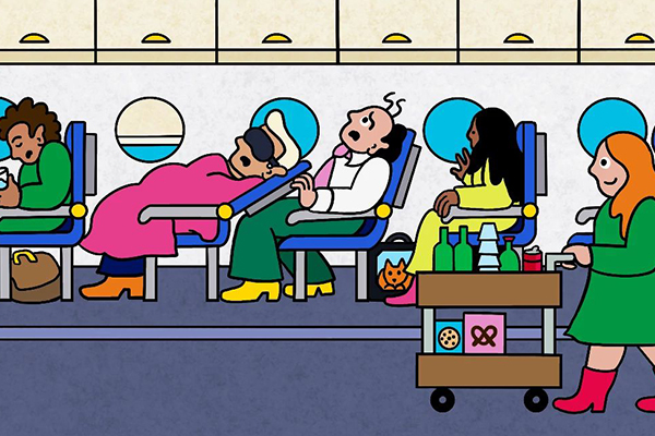 Illustration of people in an airplane.