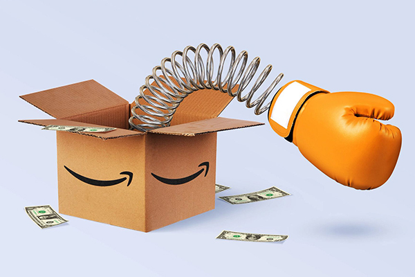 Package with a spring-loaded boxing glove surrounded by money.