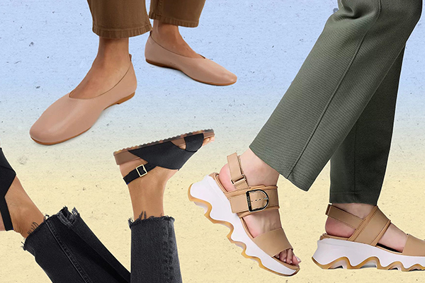 Variety of footwear being modeled.