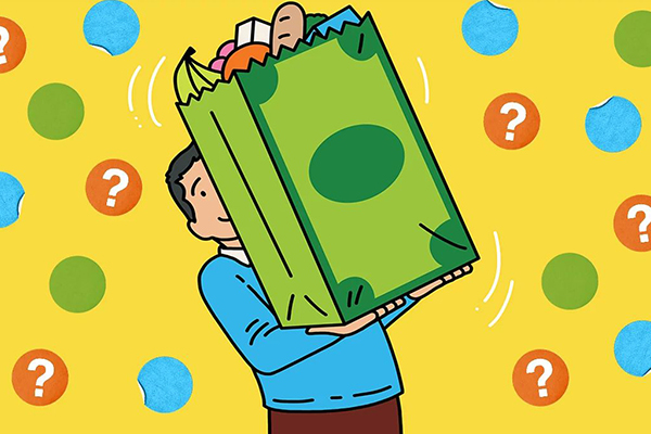 Illustration of a grocery bag resembling a dollar bill.