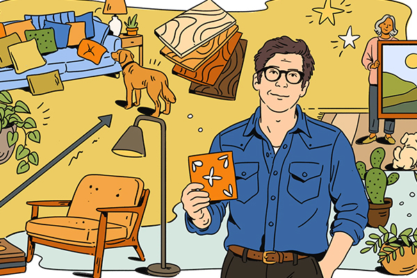 Illustration of a person surrounded by items for a home.