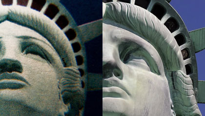 Side by side comparison of the Statue of Liberty postage stamp mistakenly based on the scaled-down replica at the New York, New York Hotel in Las Vegas, Nevada and the real statue, discussed by Terry McCaffrey.