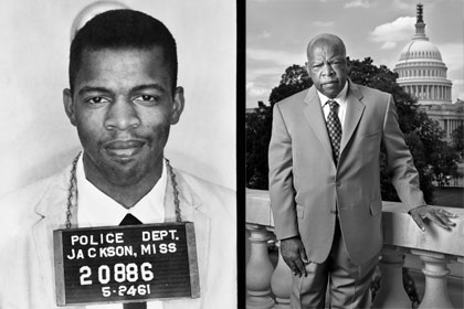 Left: Police photo of John Lewis in 1961; right: Lewis in 2007