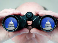 man with binocuars watching US Capitol - Government Watch