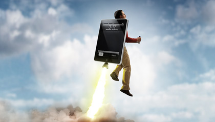 Hispanic male flying on an iPad rocket, early adopters of technology and social media
