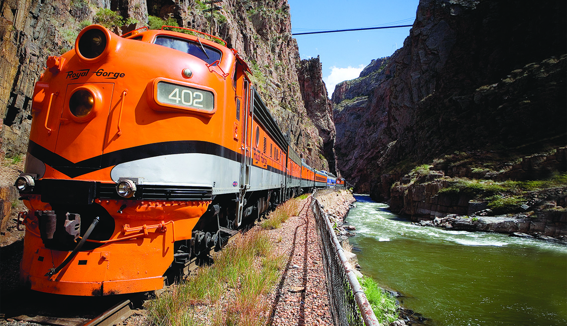 Royal Gorge Route Train traveling along tracks in Colorado