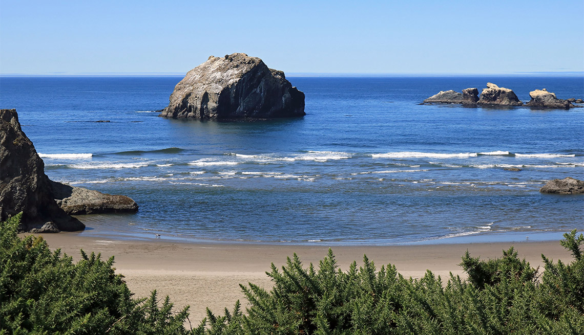 Face Rock viewed from above the beach in Face Rock State Park in Bandon Oregon on the southern Oregon coast