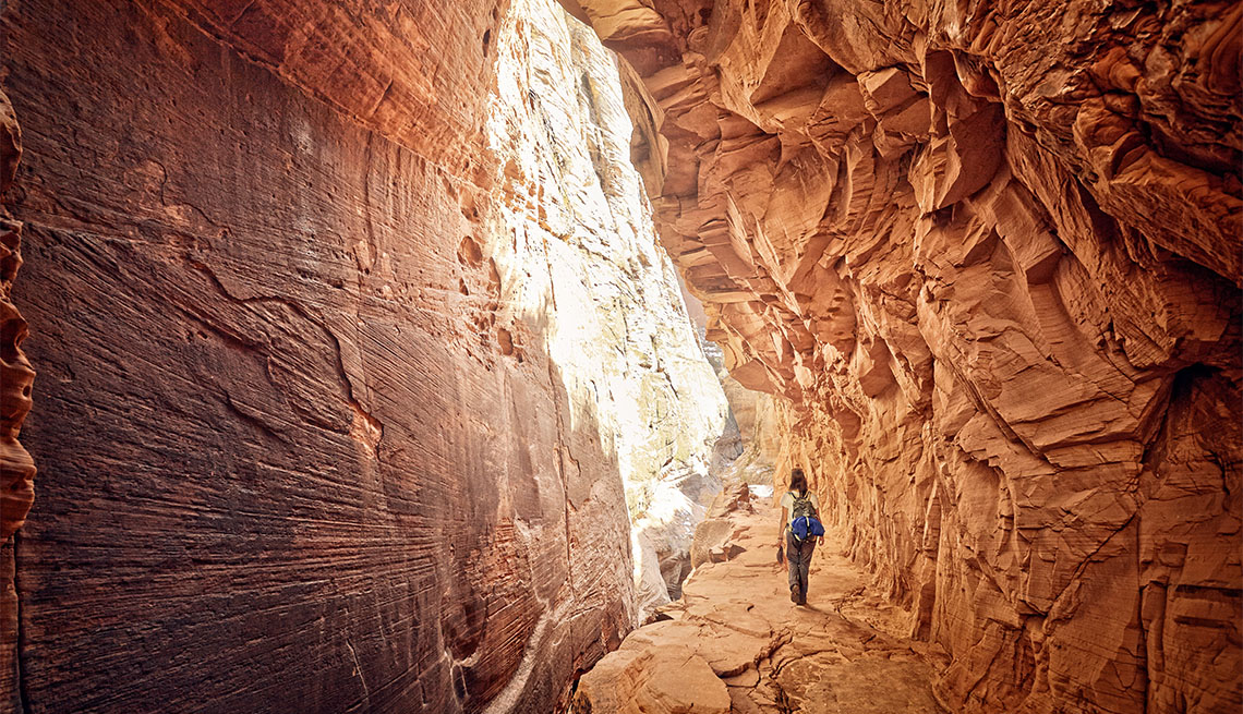 a lone female hiker walking through the ZIon National Park