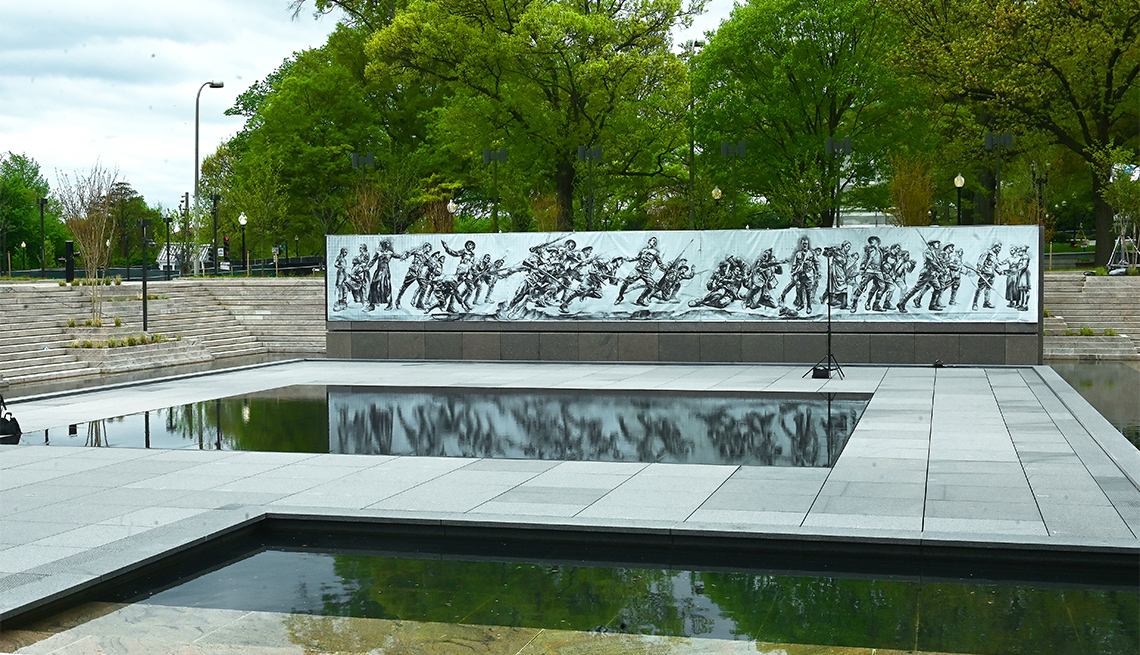 The Scrim Pool and the sketch of the bronze sculpture, A SOLDIER'S JOURNEY,  at the World War I Memorial 