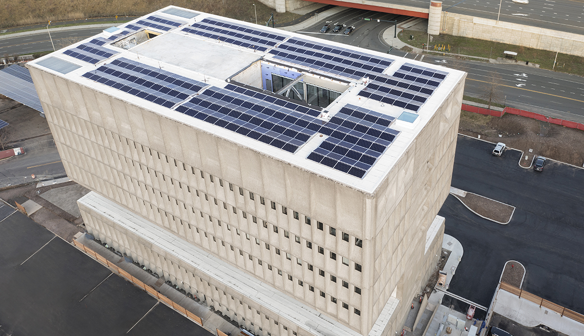 aerial view of the hotel marcel new haven showing solar roof panels