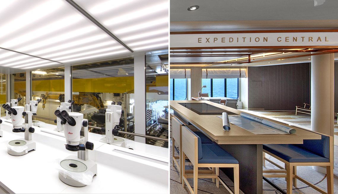 a science lab with microscopes and a working room onboard a cruise ship