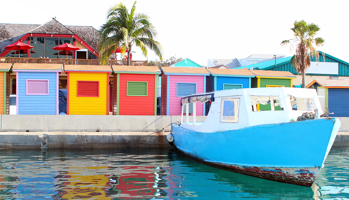A colorful image of the waterfront area in downtown Nassau 