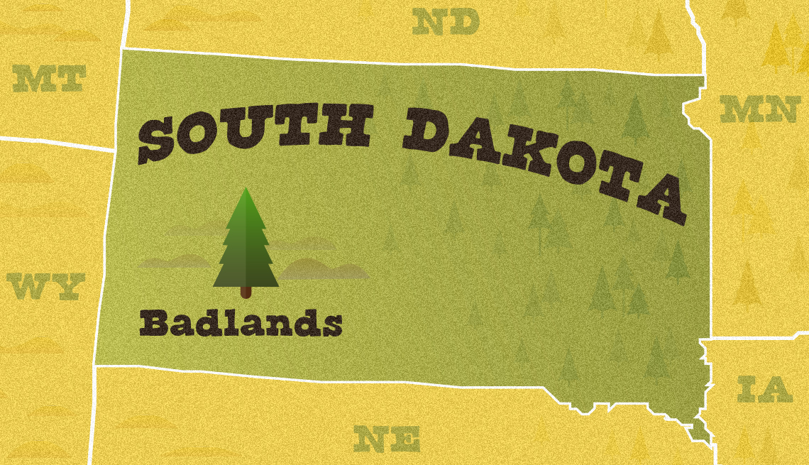 Mapa ilustrado de Dakota del Sur que muestra la ubicación del Parque Nacional Badlands