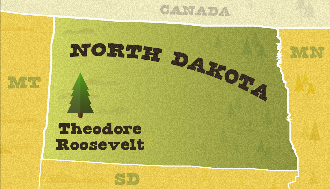 Mapa ilustrado de Dakota del Norte y ubicación del Theodore Roosevelt National Park 